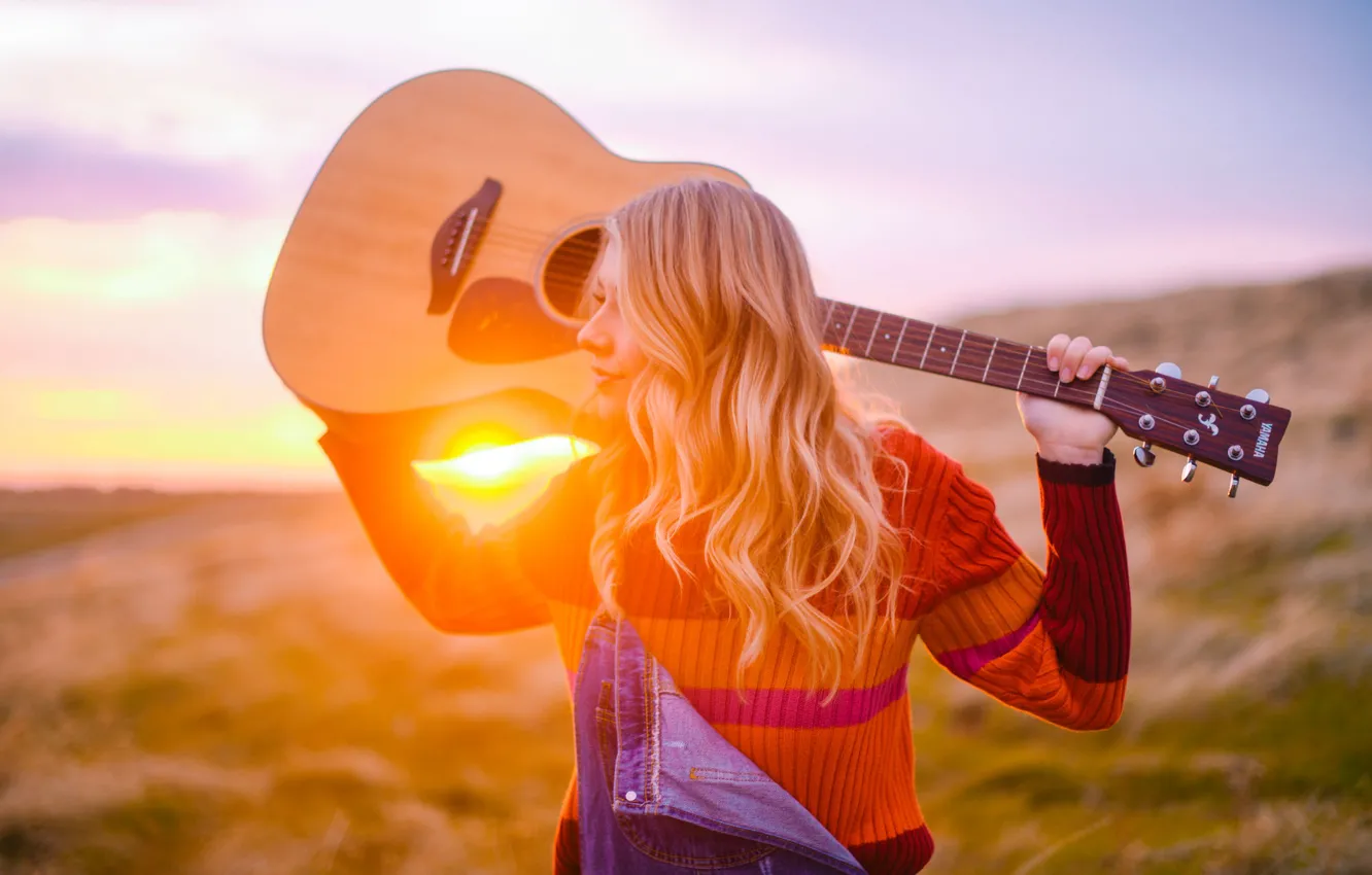 Photo wallpaper sunset, guitar, blonde