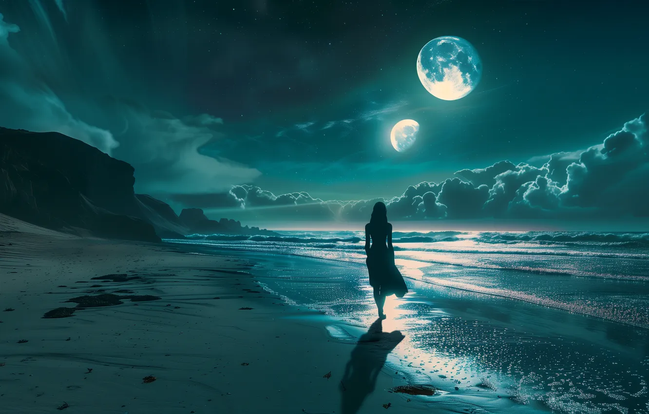 Photo wallpaper wallpaper, girl, moon, beach, sea, coast