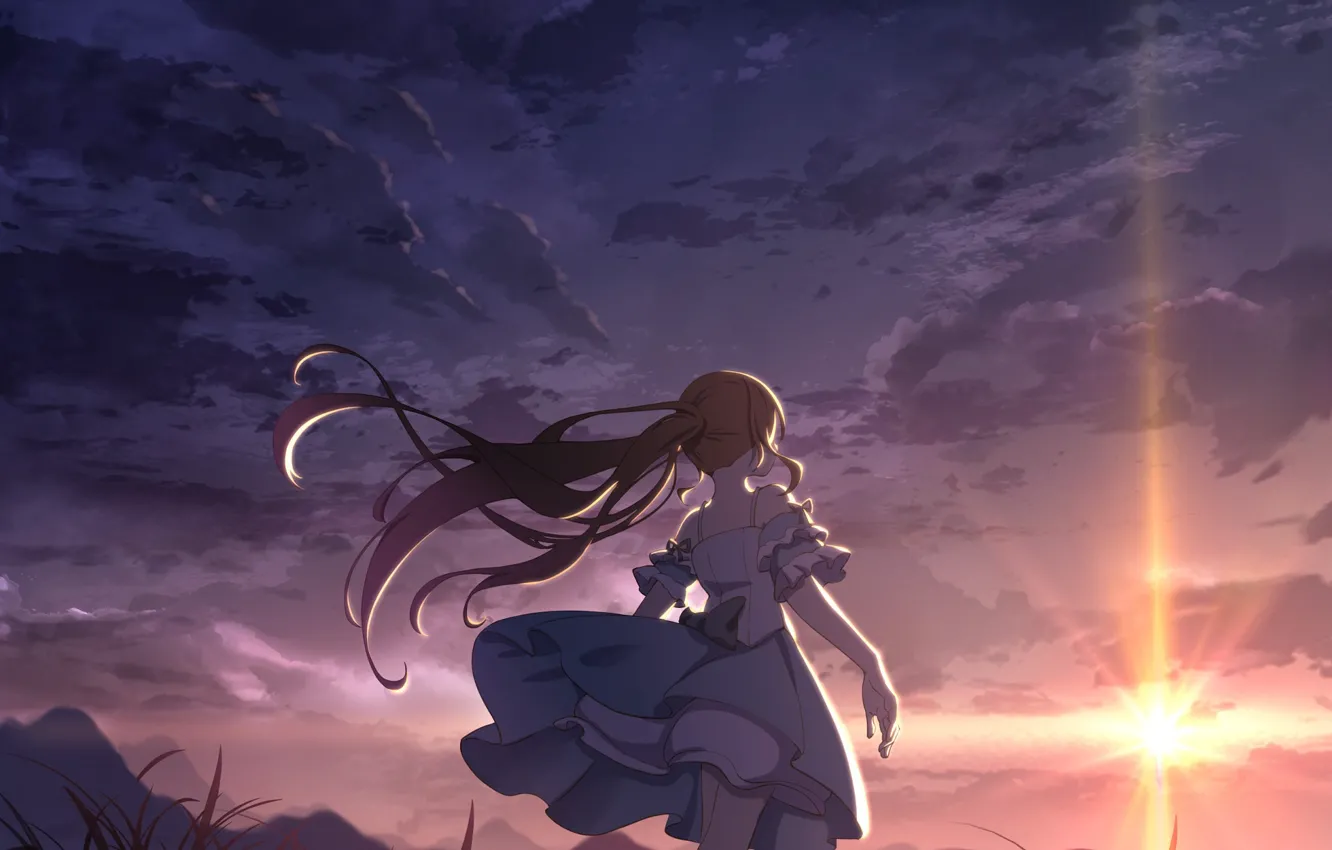 Photo wallpaper sunset, the wind, girl