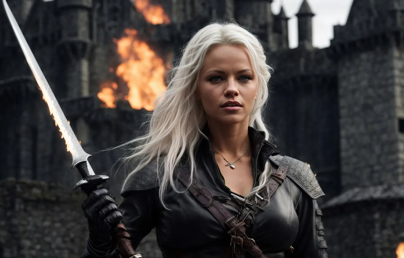 Photo wallpaper girl, castle, sword, warrior, white hair