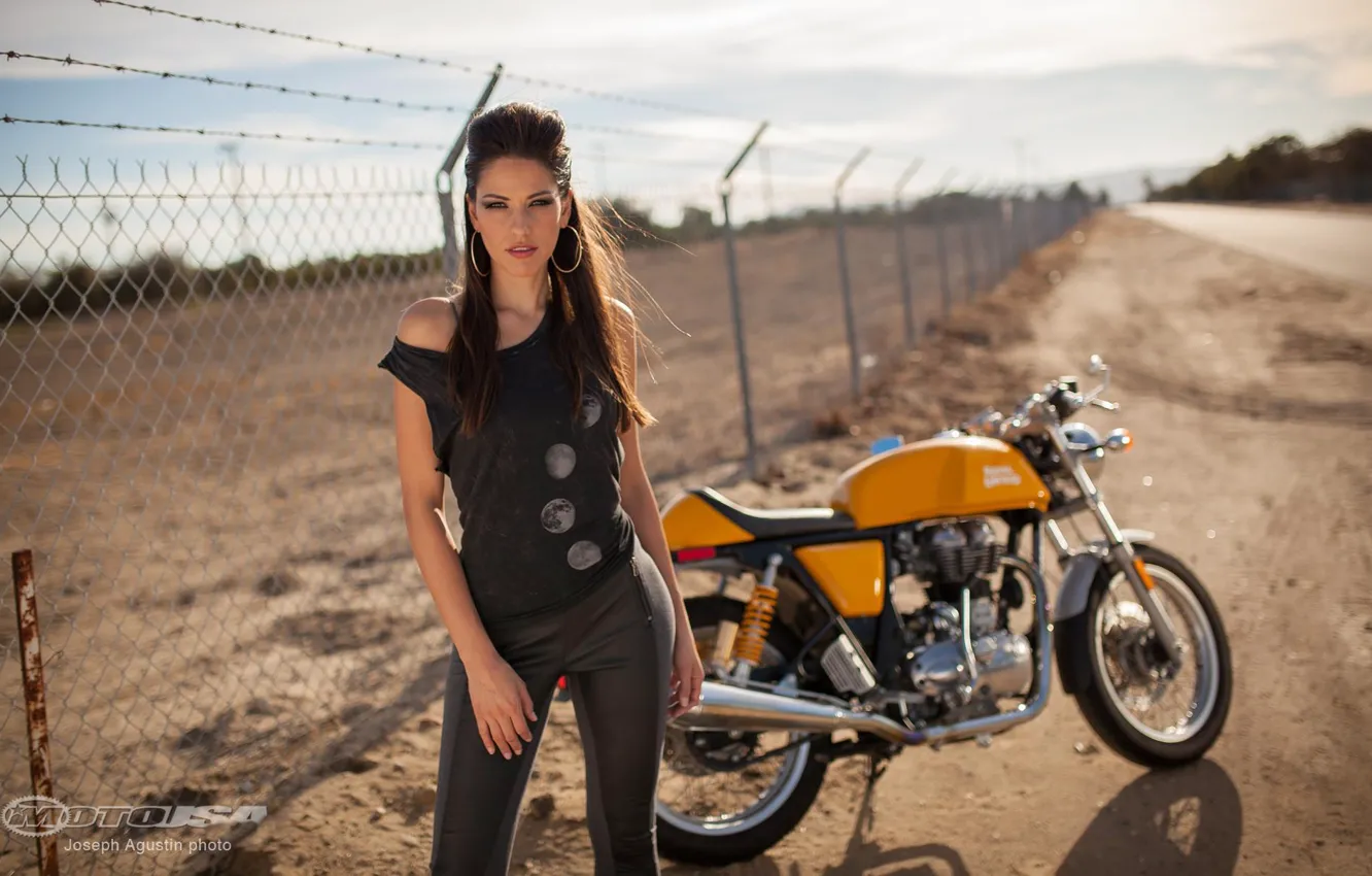 Photo wallpaper girl, girl Raquel, posing on a motorcycle Royal Enfield Continental GT