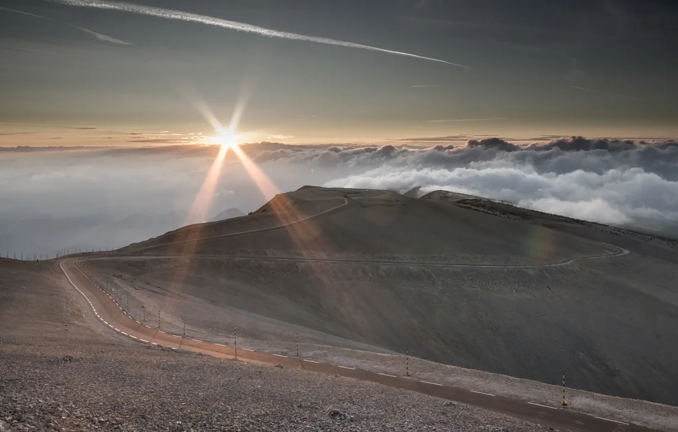 Photo wallpaper road, the sky, the sun, clouds, rays, light, mountains, fog