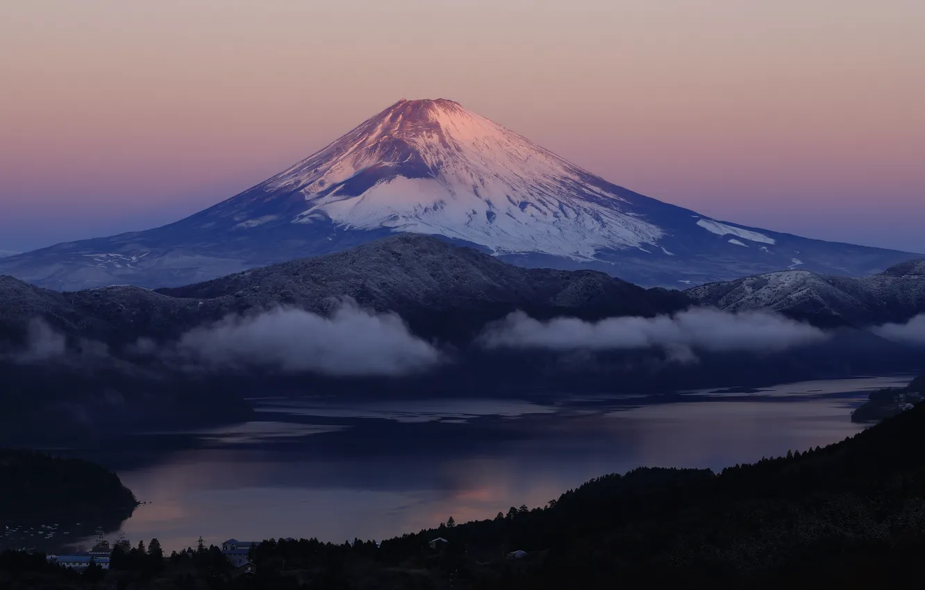 Photo wallpaper mountains, fog, lake, shore, the volcano, twilight, pond