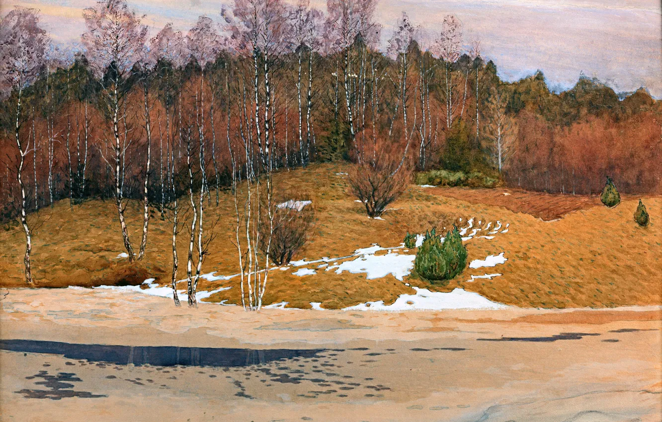 Photo wallpaper ice, trees, picture, Gustaf Fjaestad, Swedish artist, Gustav Fjestad, When the ice cracks