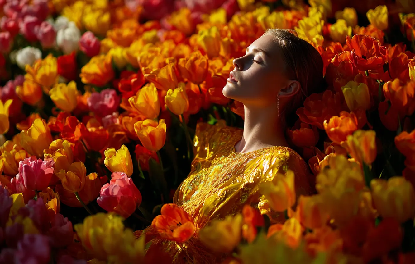 Photo wallpaper girl, flowers, tulips, AI art, neural network