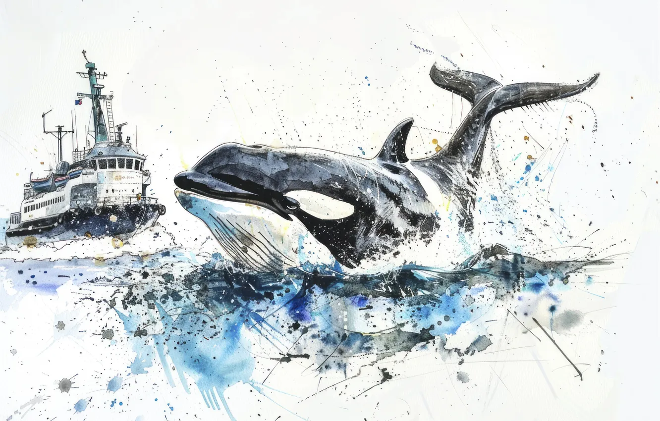 Photo wallpaper sea, ship, whale, digital art, imitation painting, AI art, The Art of Artificial Intelligence, neural …