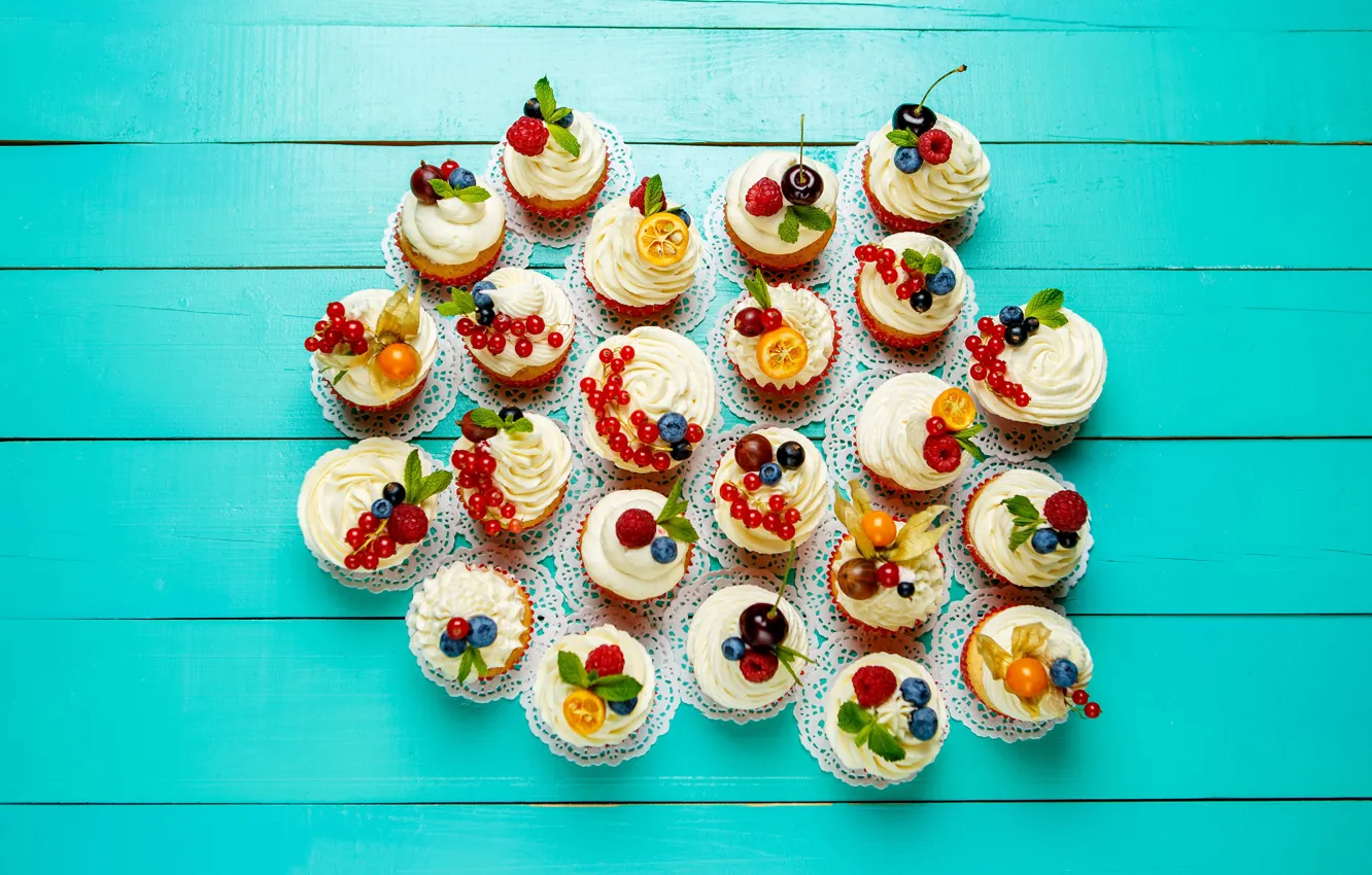 Photo wallpaper berries, blueberries, strawberry, cream, dessert, currants, cupcakes, cupcakes