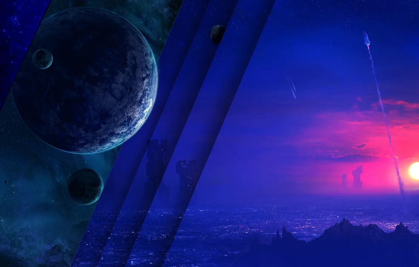 Photo wallpaper space, stars, blue, earth, ship, different