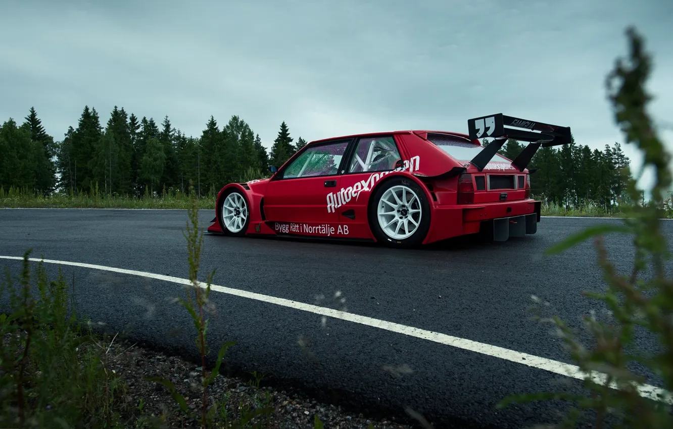 Photo wallpaper The sky, Forest, Track, Lancia, Delta, 1992, Side, Cloudy