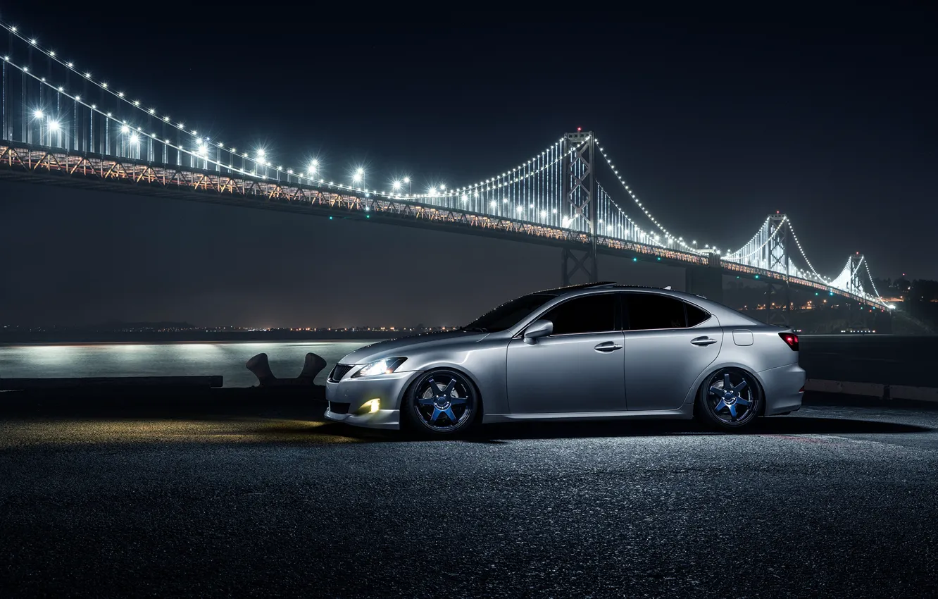 Photo wallpaper Lexus, Car, Front, Bridge, Night, Silver