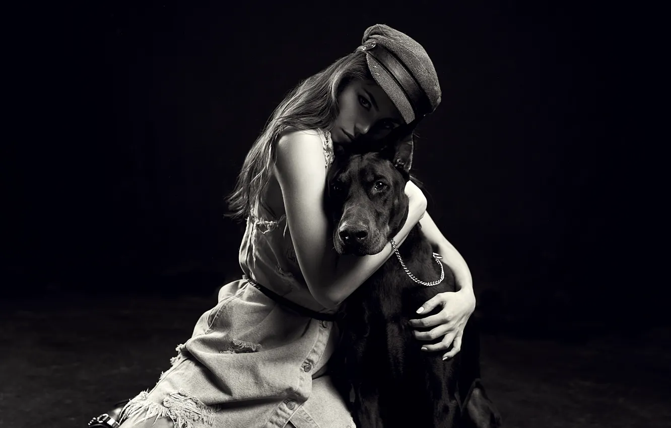 Photo wallpaper look, pose, model, portrait, dog, makeup, dress, hairstyle