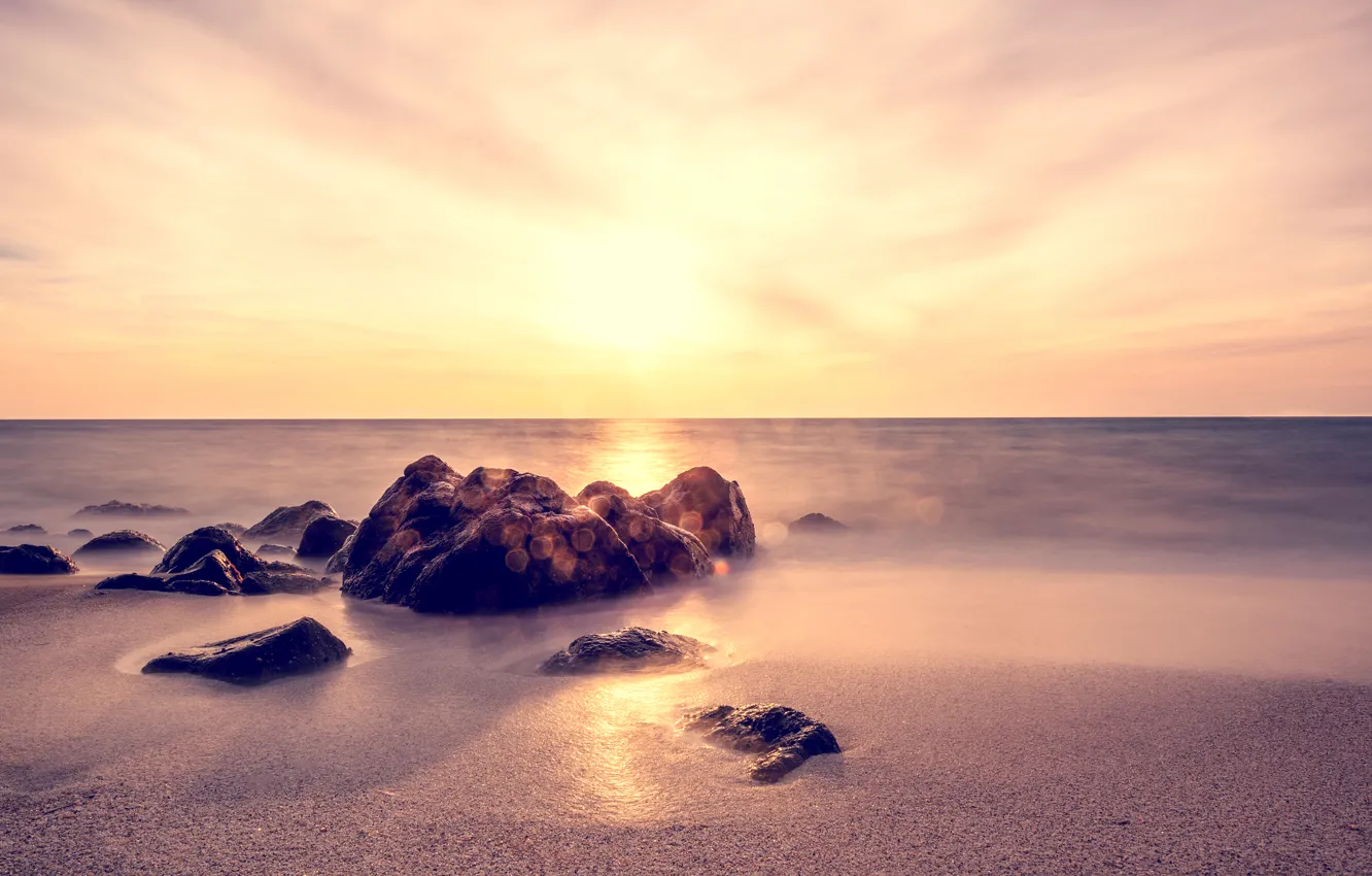 Photo wallpaper sand, sea, sunset, stones
