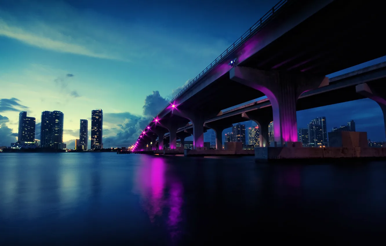 Photo wallpaper bridge, lights, river, skyscrapers, the evening, USA, Miami, Florida