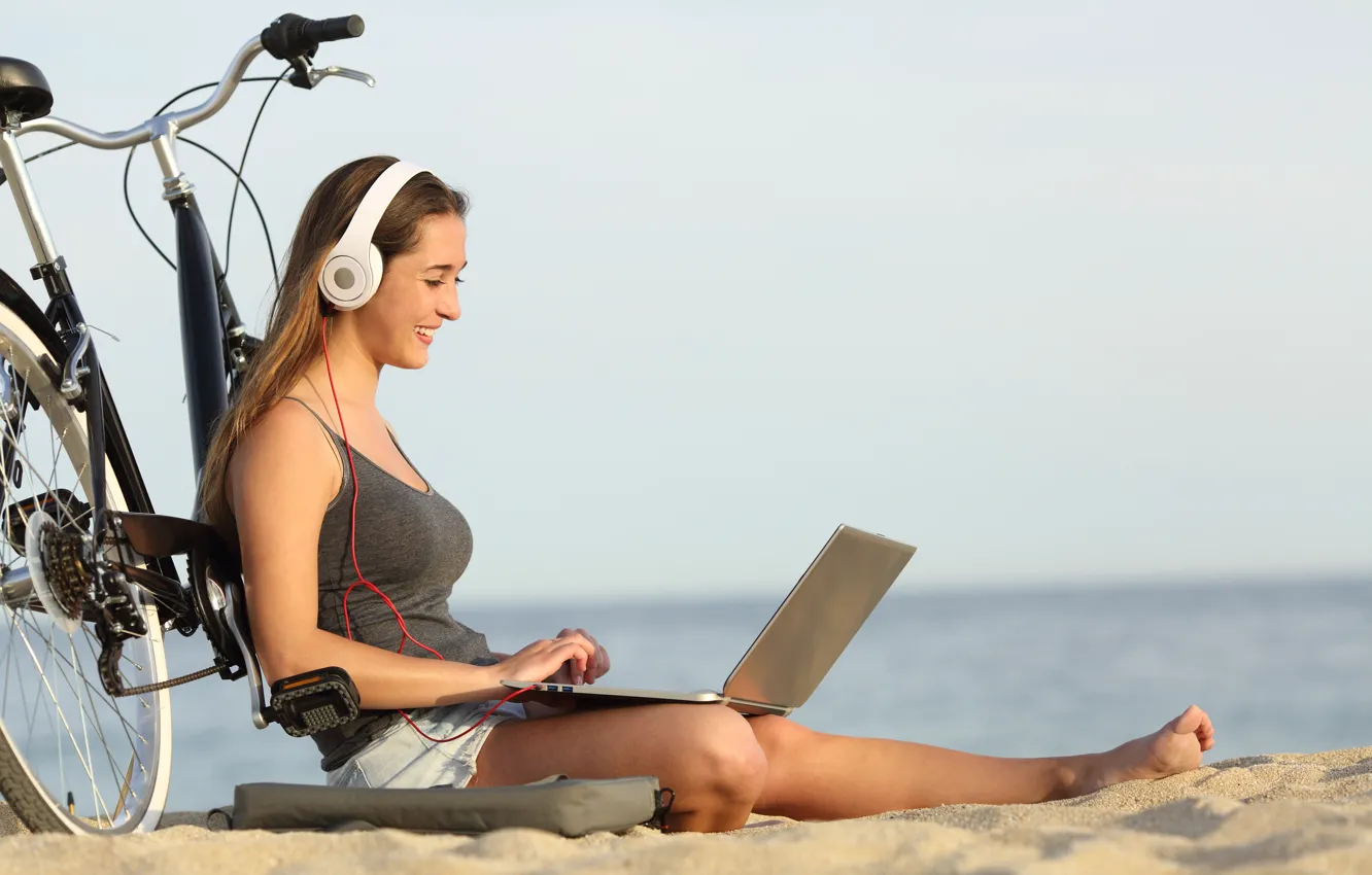 Photo wallpaper sea, beach, summer, girl, joy, bike, smile, music