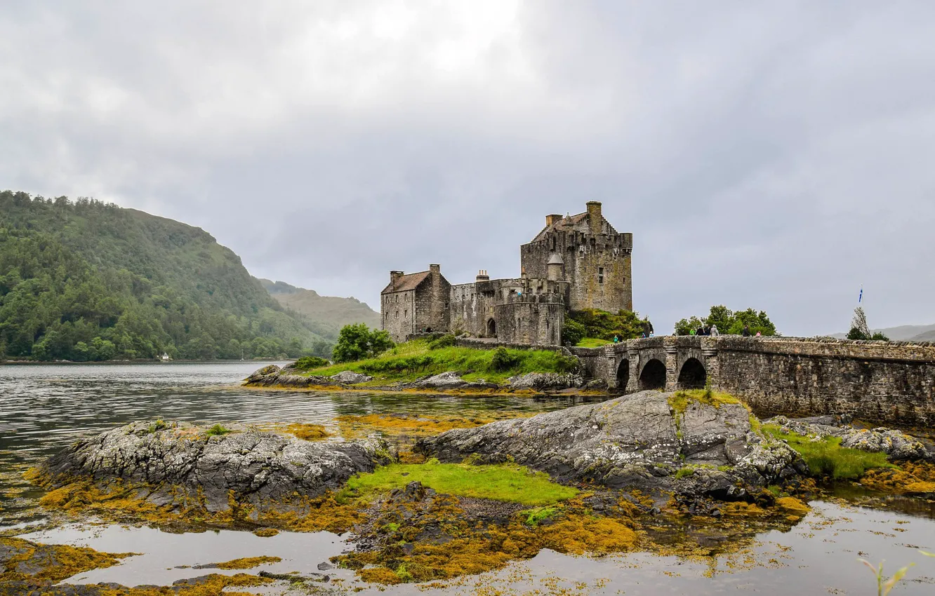 Photo wallpaper forest, mountains, bridge, lake, castle, Scotland, Eilean Donan