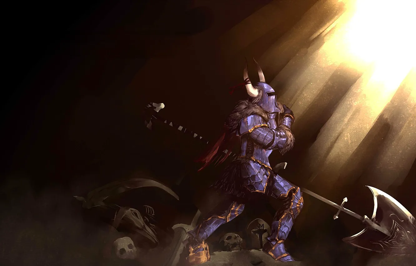 Photo wallpaper light, skull, armor, bones, helmet, cave, axe, knight