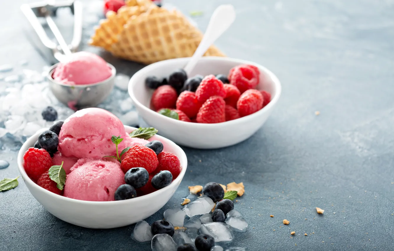 Photo wallpaper Ice, Berries, Balls, Sweets, Food, Raspberry, Ice cream, Blueberries