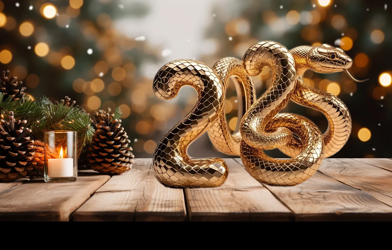 Photo wallpaper snow, decoration, snake, figures, New year, golden, new year, snake