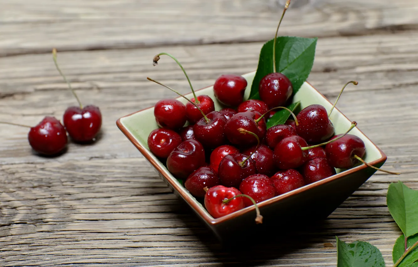 Photo wallpaper cherry, table, bowl