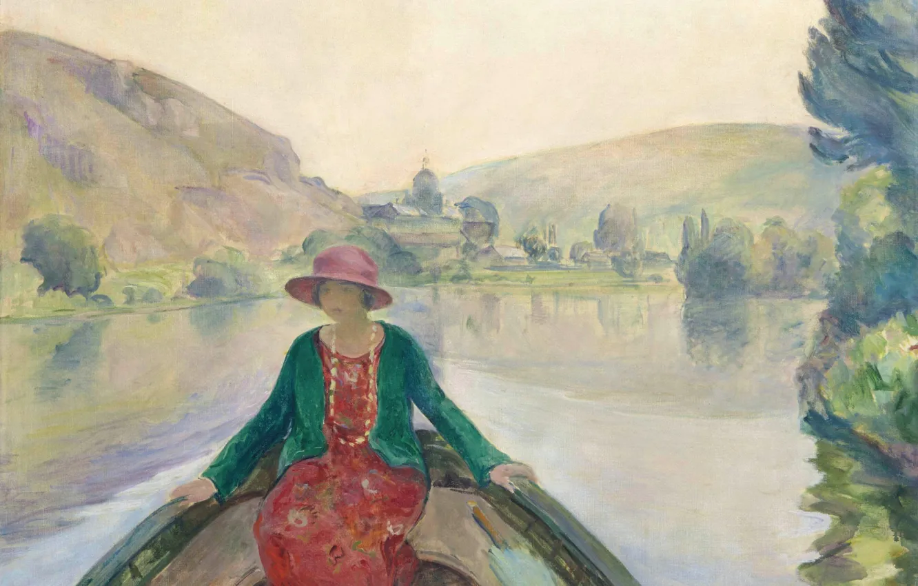 Photo wallpaper landscape, river, woman, boat, picture, Hay, genre, Henri Lebacq
