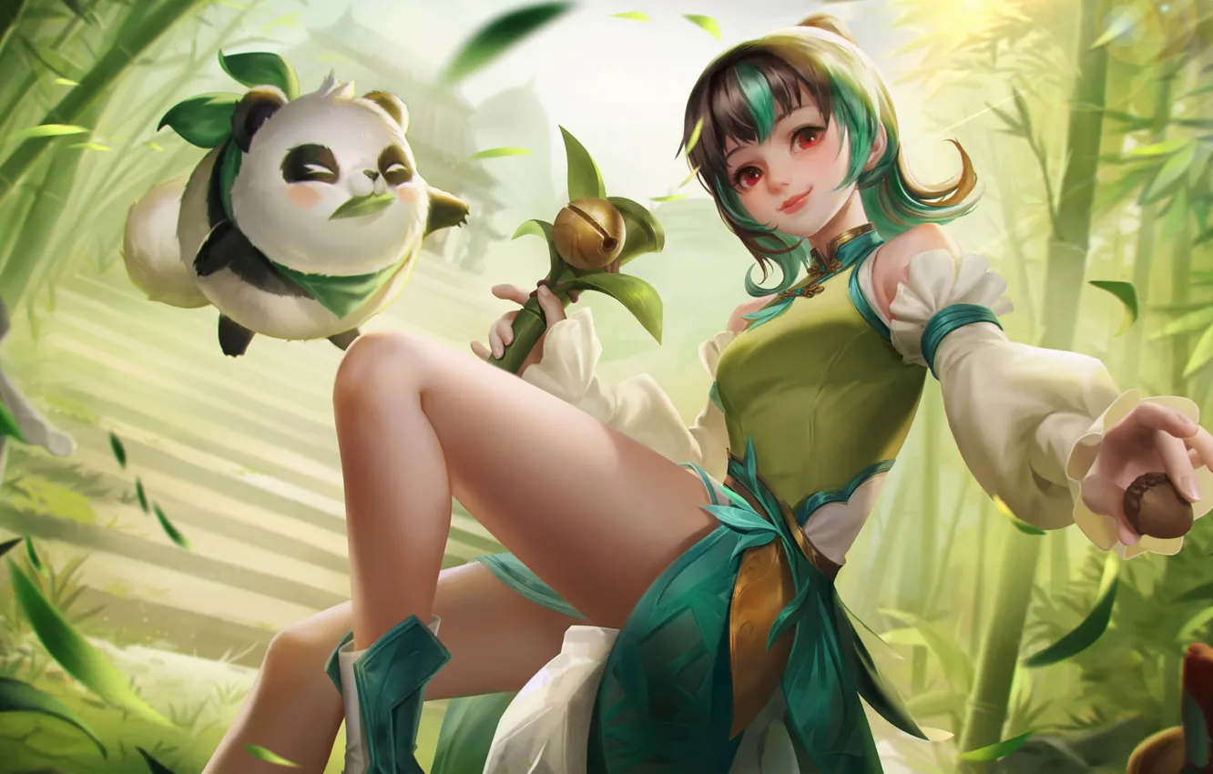 Photo wallpaper girl, flight, smile, thickets, Panda, arena, gesture, acorns