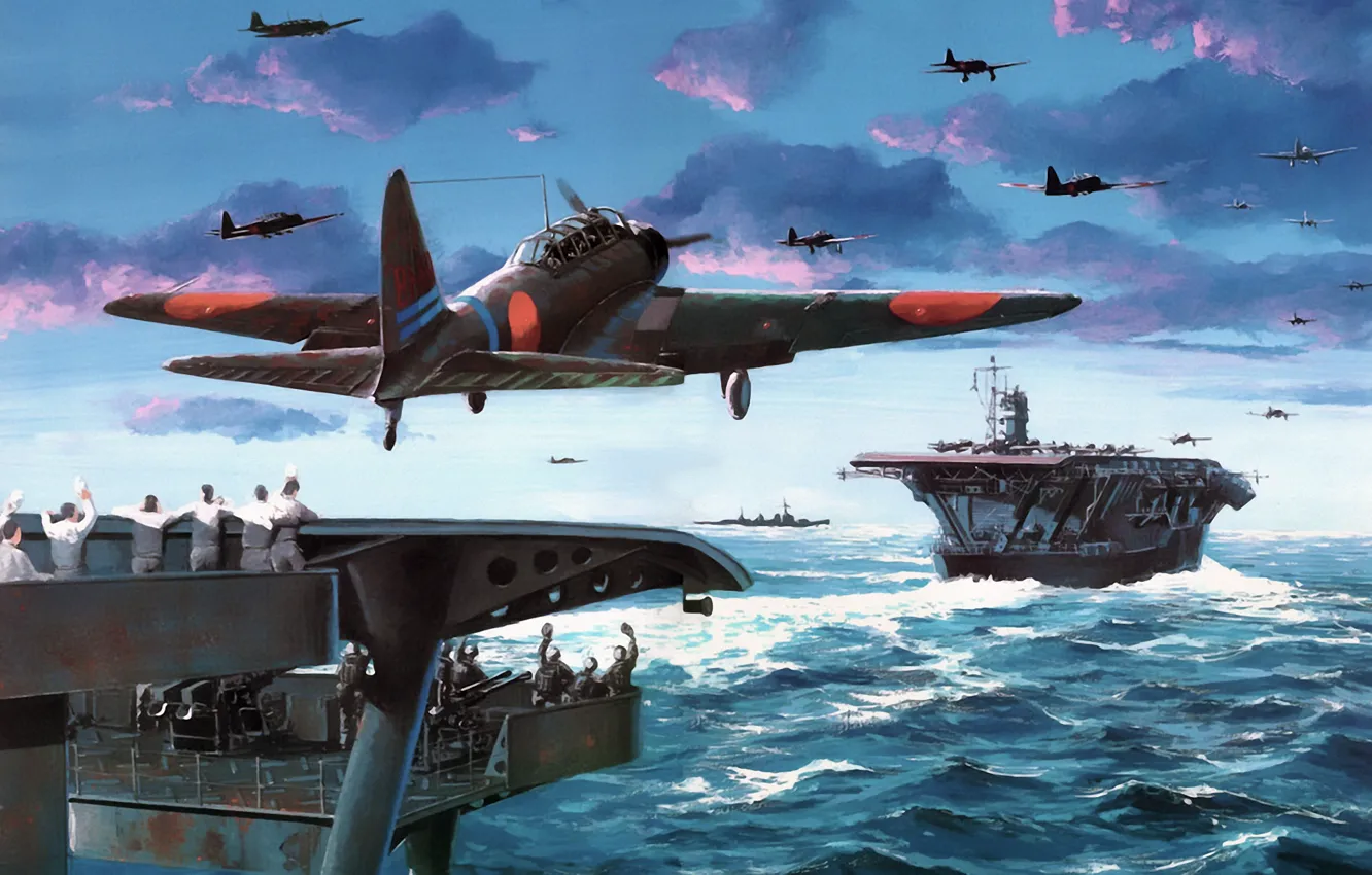 Photo wallpaper aircraft, war, art, airplane, aviation, japanese, dogfight, carrier