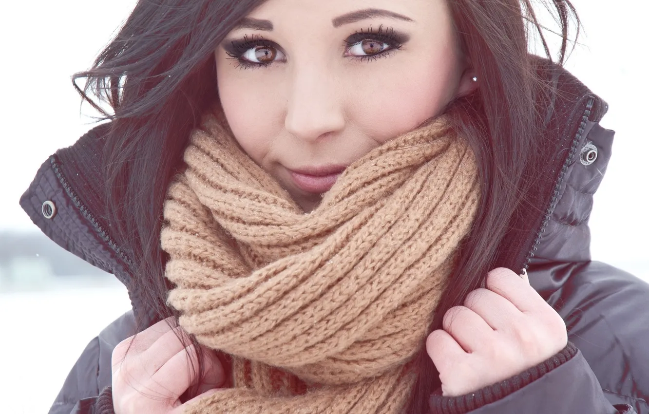 Photo wallpaper winter, eyes, look, girl, scarf, brunette, beautiful, brown