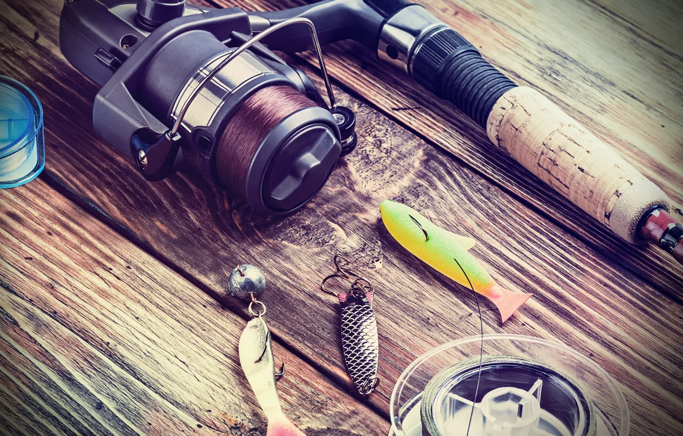 Photo wallpaper wood, fishing rod, hook, fishing equipment