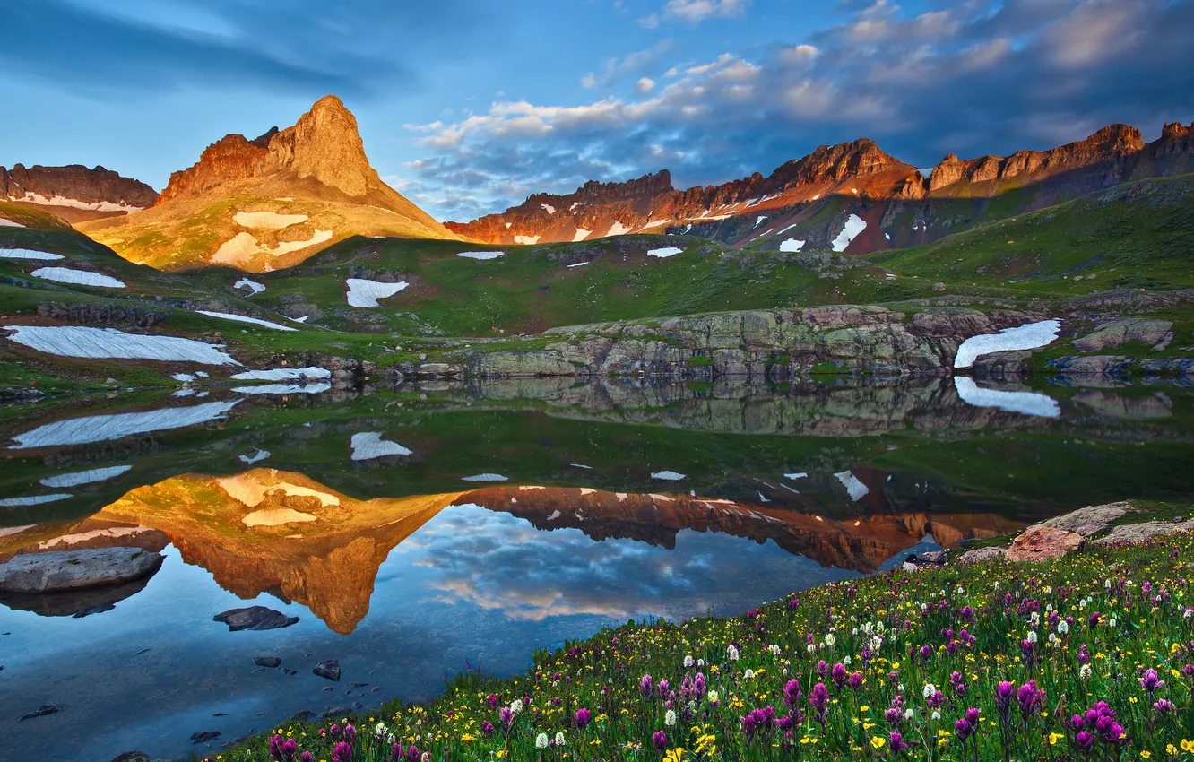 Photo wallpaper clouds, snow, flowers, mountains, lake, reflection, blue, rocks