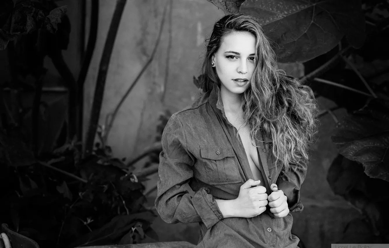 Photo wallpaper look, pose, model, portrait, makeup, hairstyle, black and white, shirt