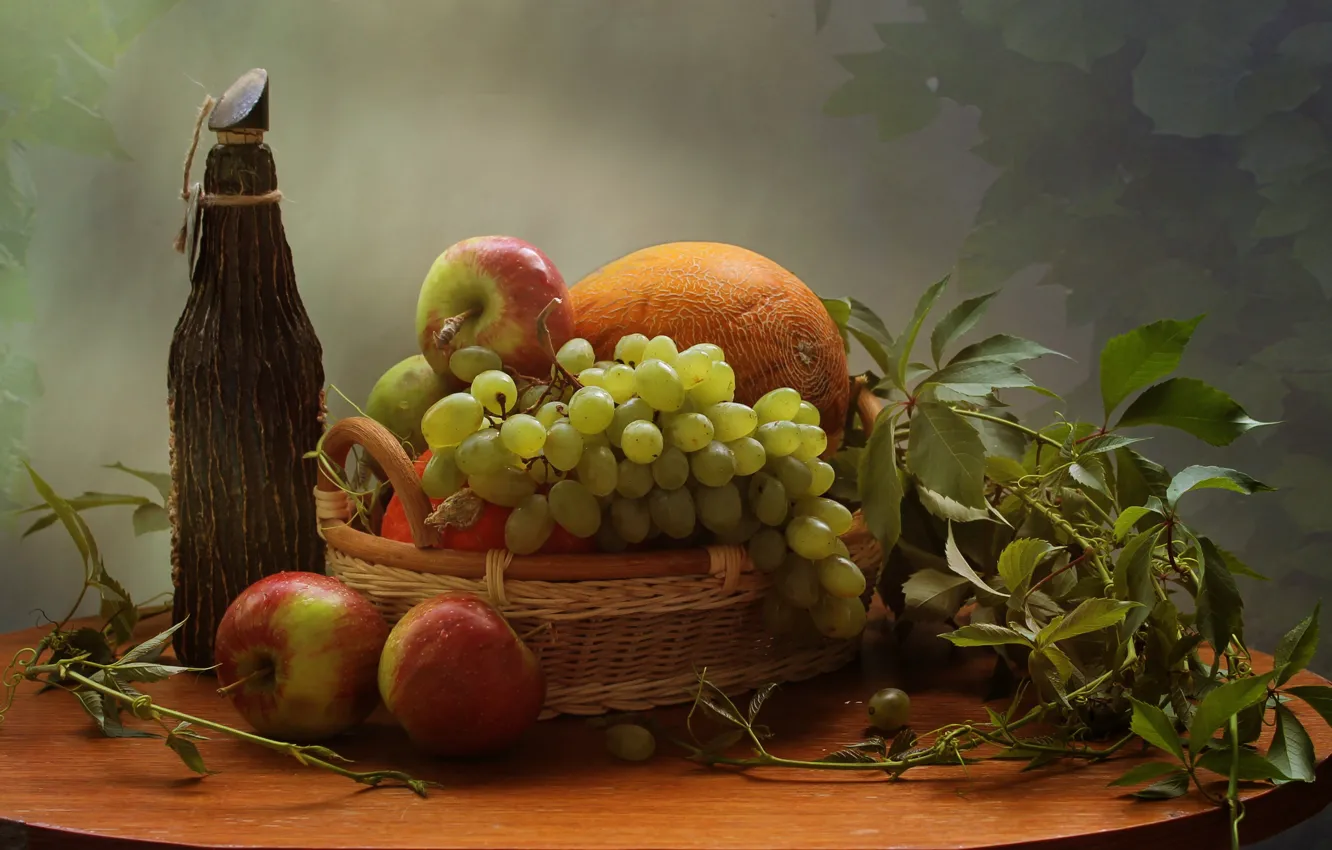 Photo wallpaper basket, grapes, still life, peaches