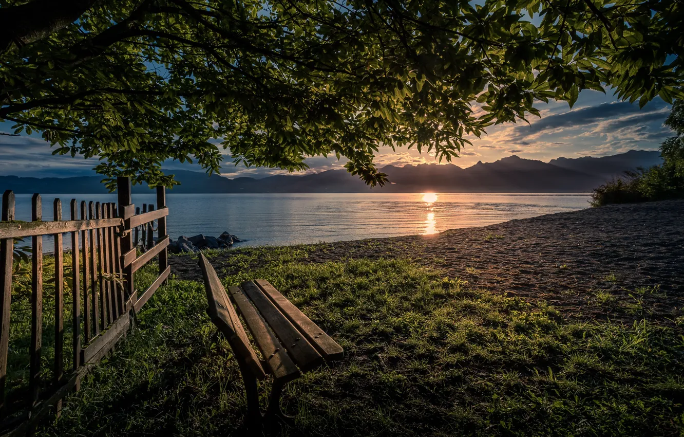 Photo wallpaper landscape, mountains, nature, lake, morning, bench, Pavel Chuchalin