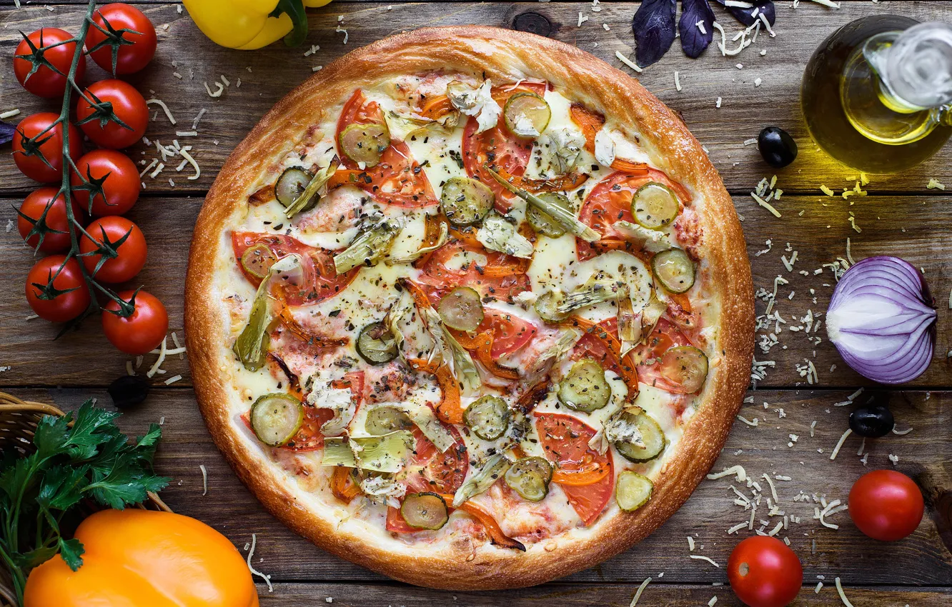 Photo wallpaper cheese, vegetables, pizza, tomatoes