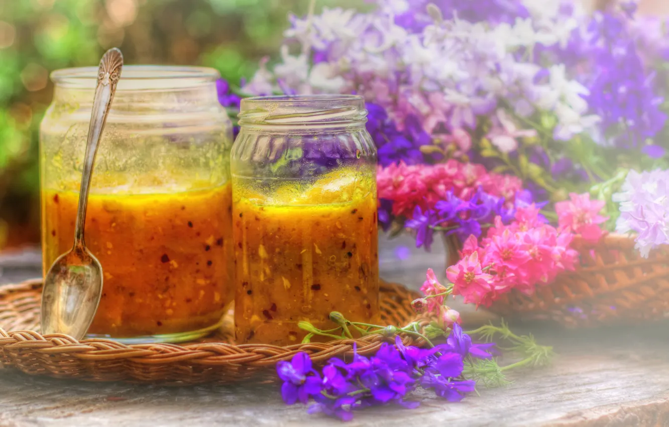 Photo wallpaper summer, glass, flowers, nature, table, Board, bouquet, blur