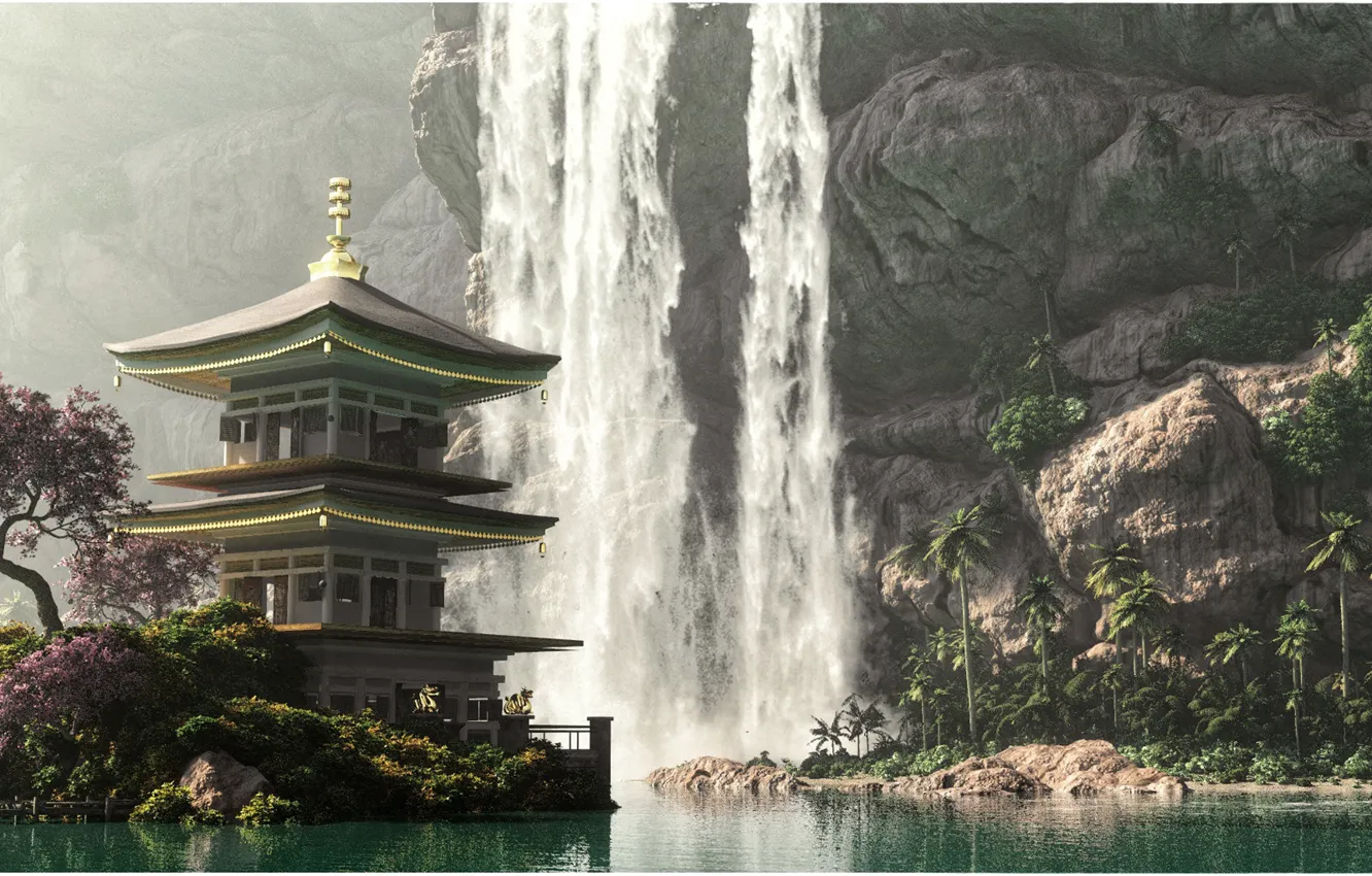Photo wallpaper water, mountains, waterfall, pagoda, flowering tree, 3DLandscapeArtist