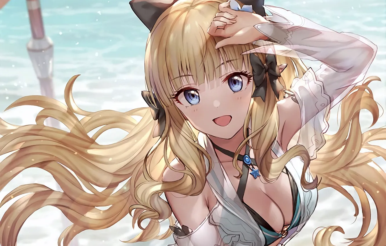 Photo wallpaper girl, sexy, cleavage, long hair, sea, boobs, anime, beautiful