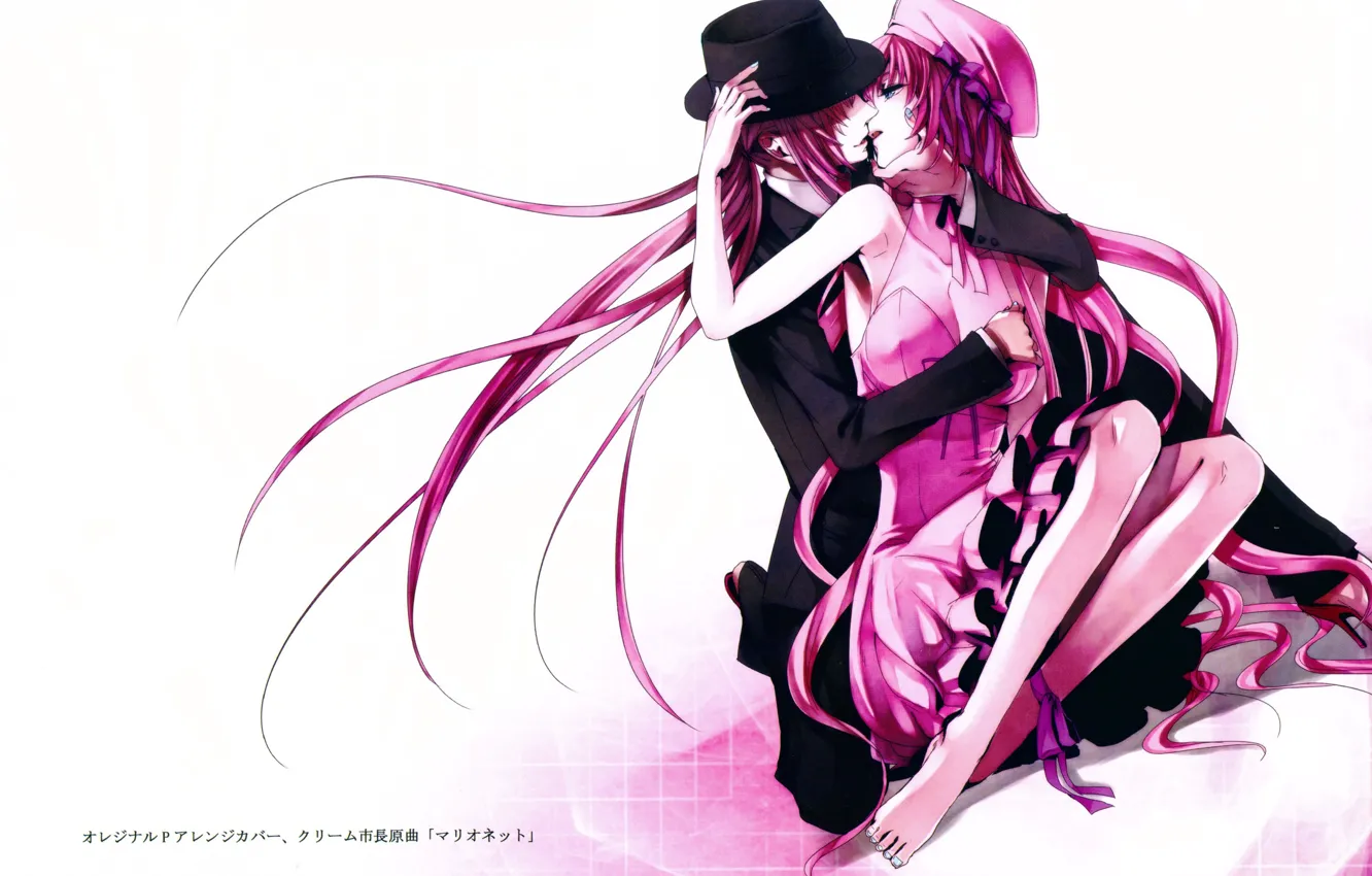 Photo wallpaper kiss, hat, dress, hugs, costume, white background, vocaloid, takes