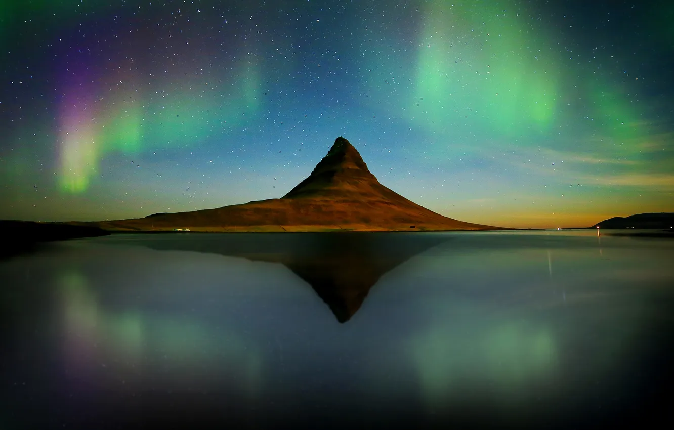 Photo wallpaper mountains, lake, reflection, mirror, Iceland, Kirkjufell, auroras