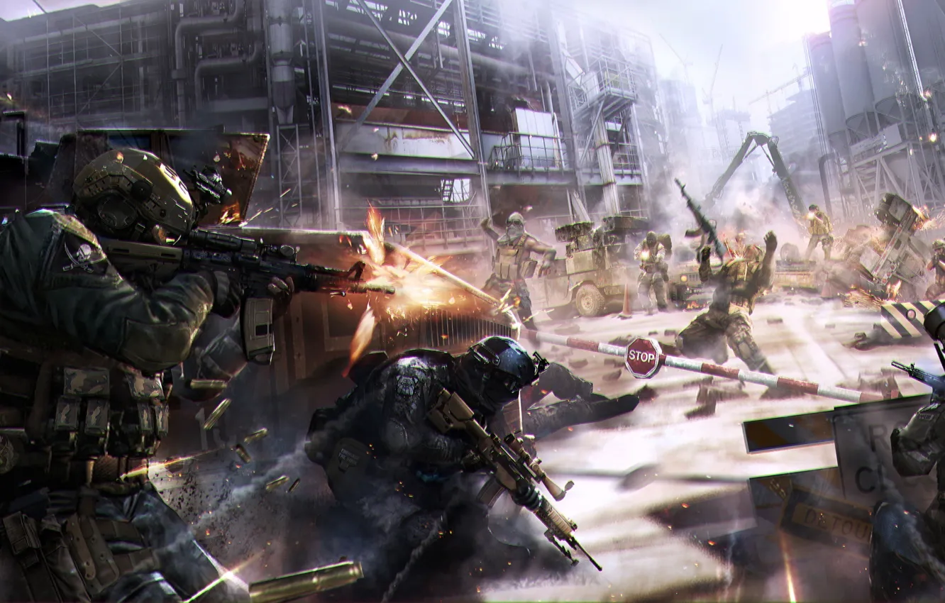 Photo wallpaper soldier, art, man, Guns, battle