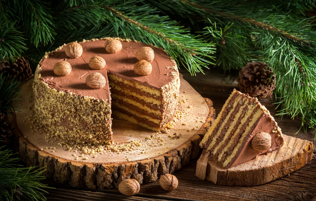 Photo wallpaper cake, nuts, cream, dessert, wood, chocolate, chocolate, dessert