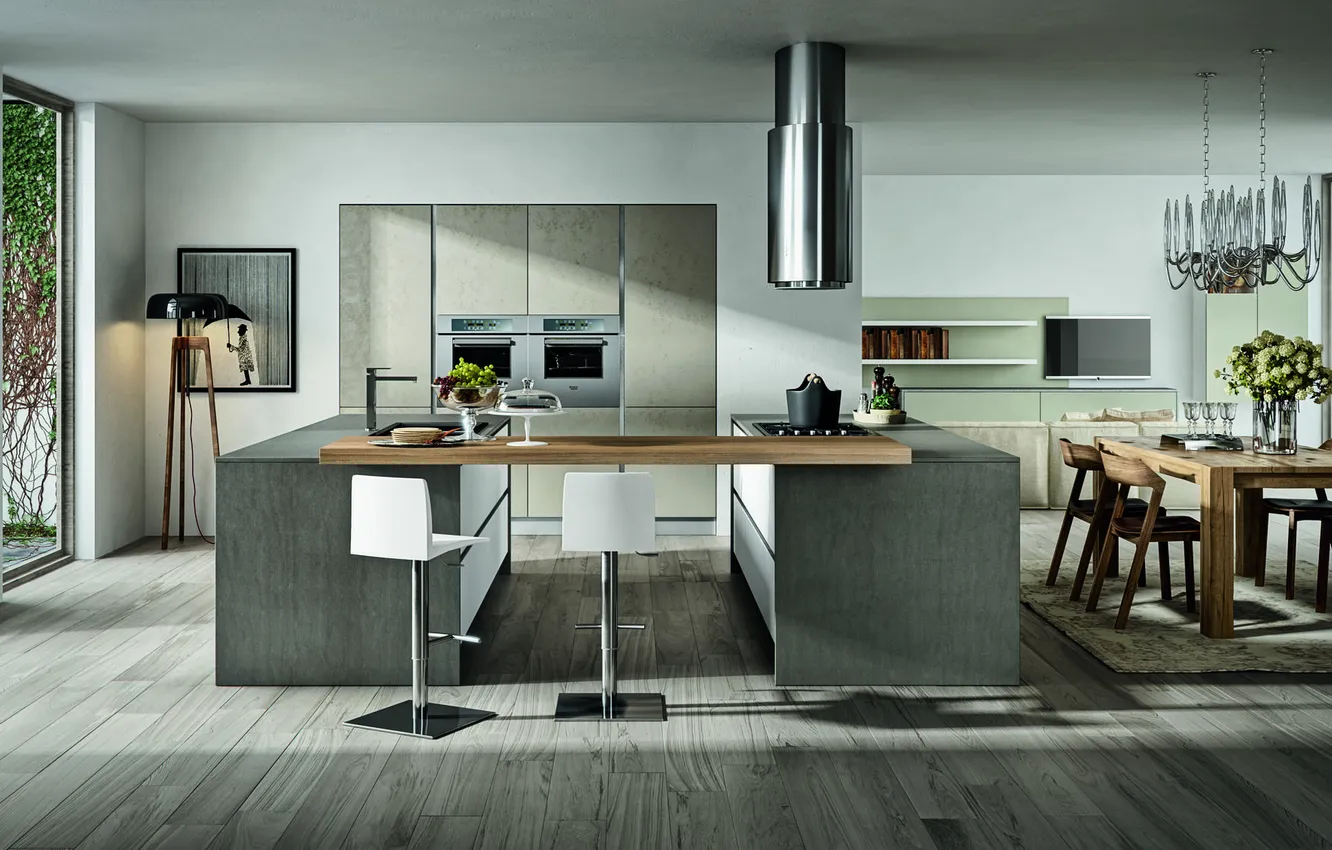 Photo wallpaper style, Villa, Italy, kitchen, living room, dining room, dining area, Italian design