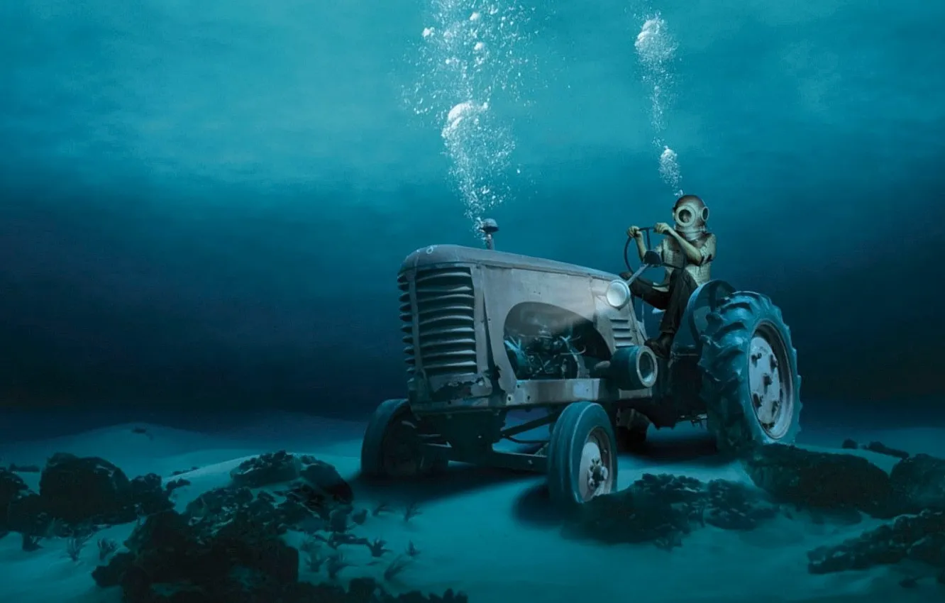 Photo wallpaper water, bubbles, the bottom, the diver, tractor