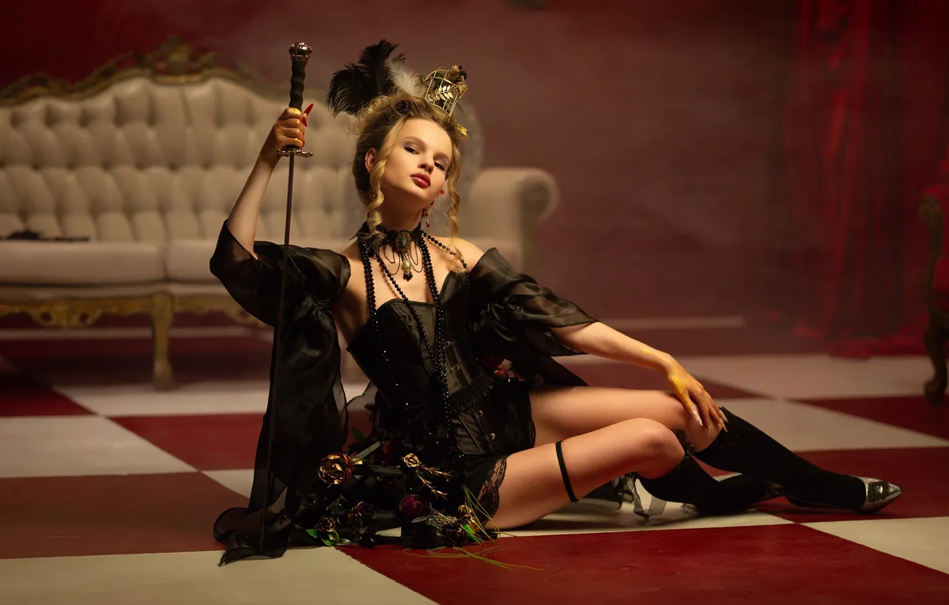 Photo wallpaper look, girl, pose, weapons, sofa, model, legs, black clothes