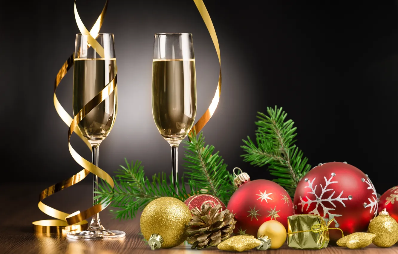 Photo wallpaper balls, tree, New Year, glasses, Christmas, new year, happy, decoration
