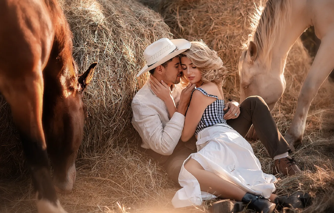 Photo wallpaper girl, horse, hugs, hay, male, lovers, Irina Nedyalkova