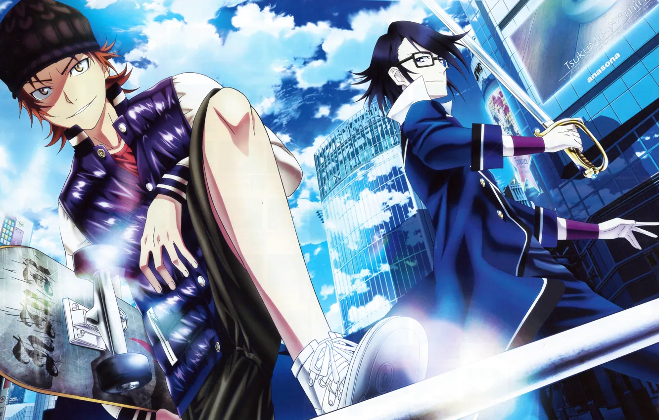 Photo wallpaper the city, sword, glasses, form, guys, skate, K Project, Yata Misaki