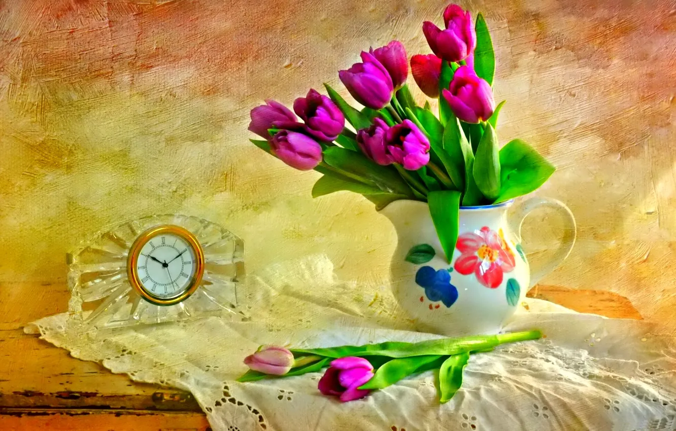 Photo wallpaper flowers, table, watch, texture, tulips, pitcher, still life