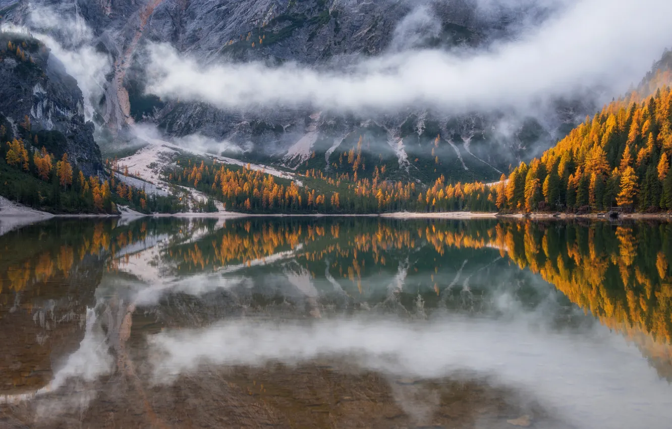 Photo wallpaper autumn, forest, clouds, mountains, nature, fog, lake