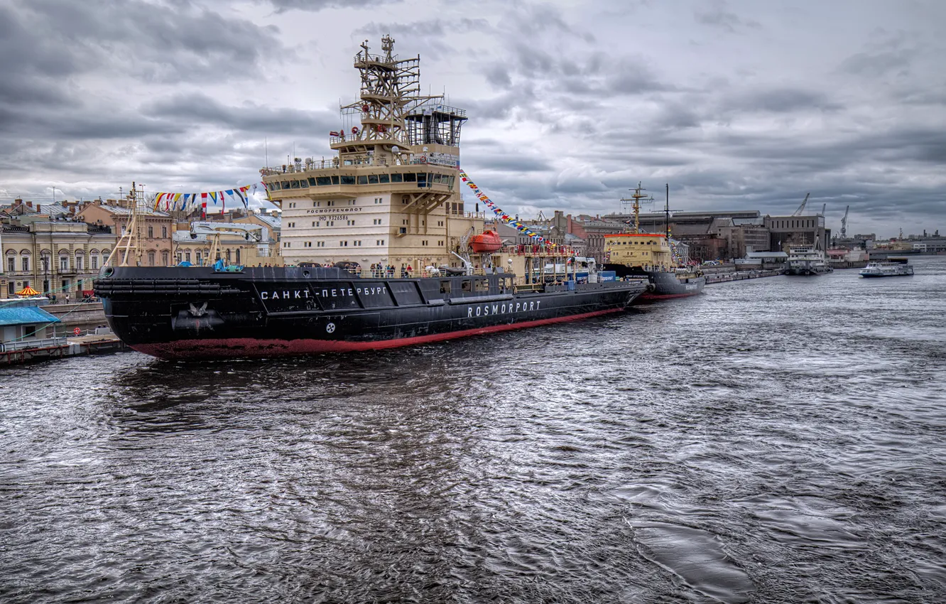 Photo wallpaper the sky, clouds, clouds, river, overcast, home, ships, Saint Petersburg