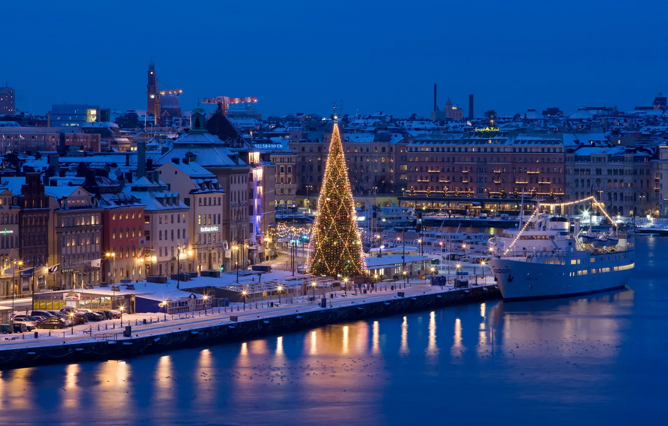 Photo wallpaper night, the city, river, holiday, ship, new year, home, Christmas